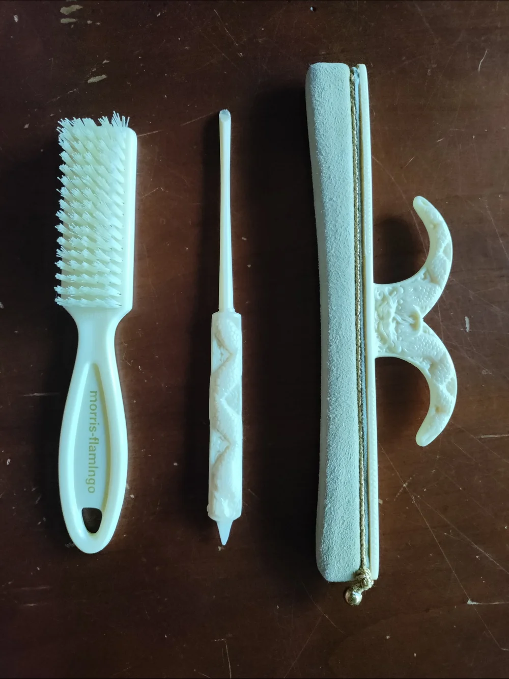 White Vintage Nail Care Trio - Brush, Cuticle Pusher, Buffer With Dragon Design